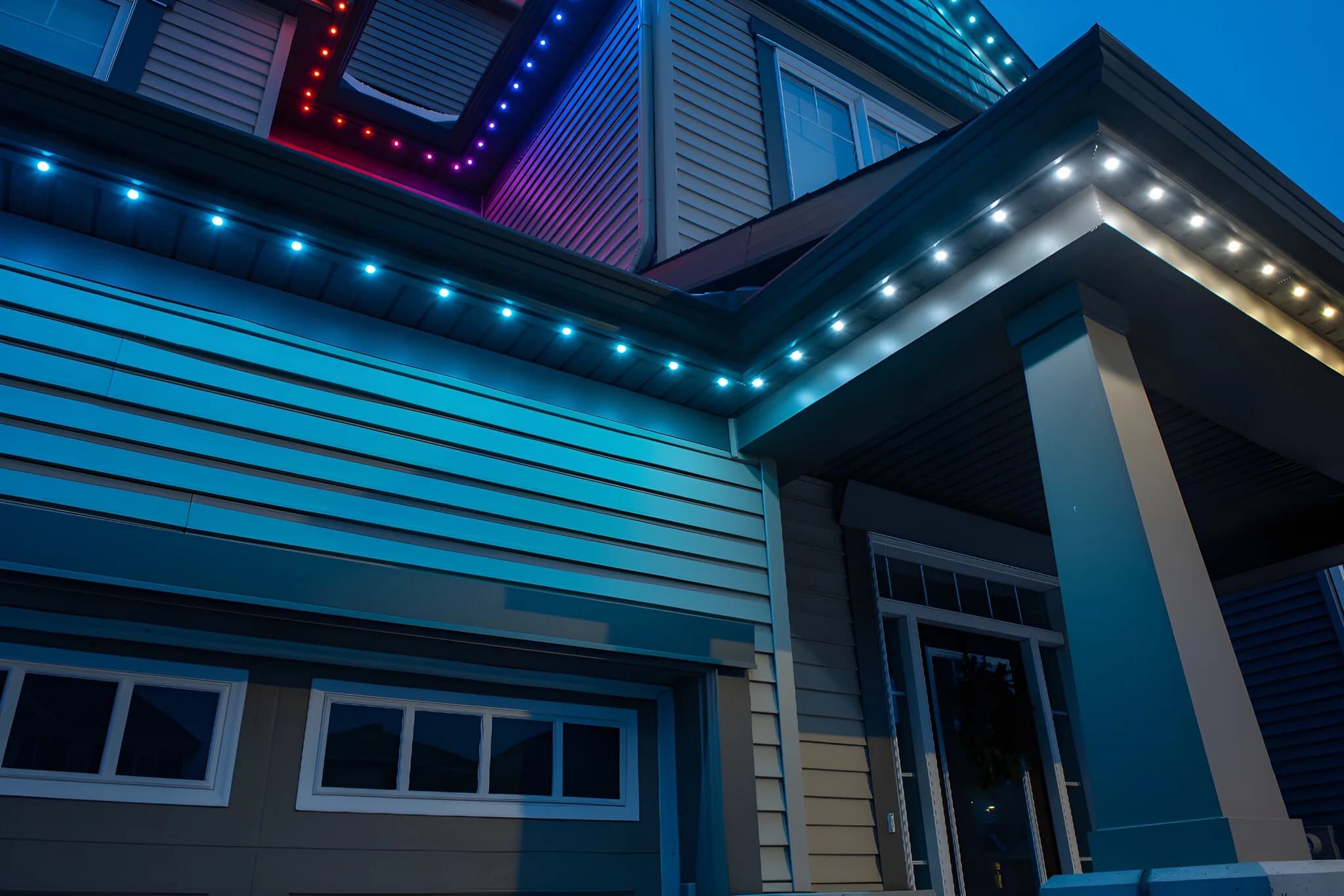 Celebright permanent lighting installed in soffit showing warm bulbs